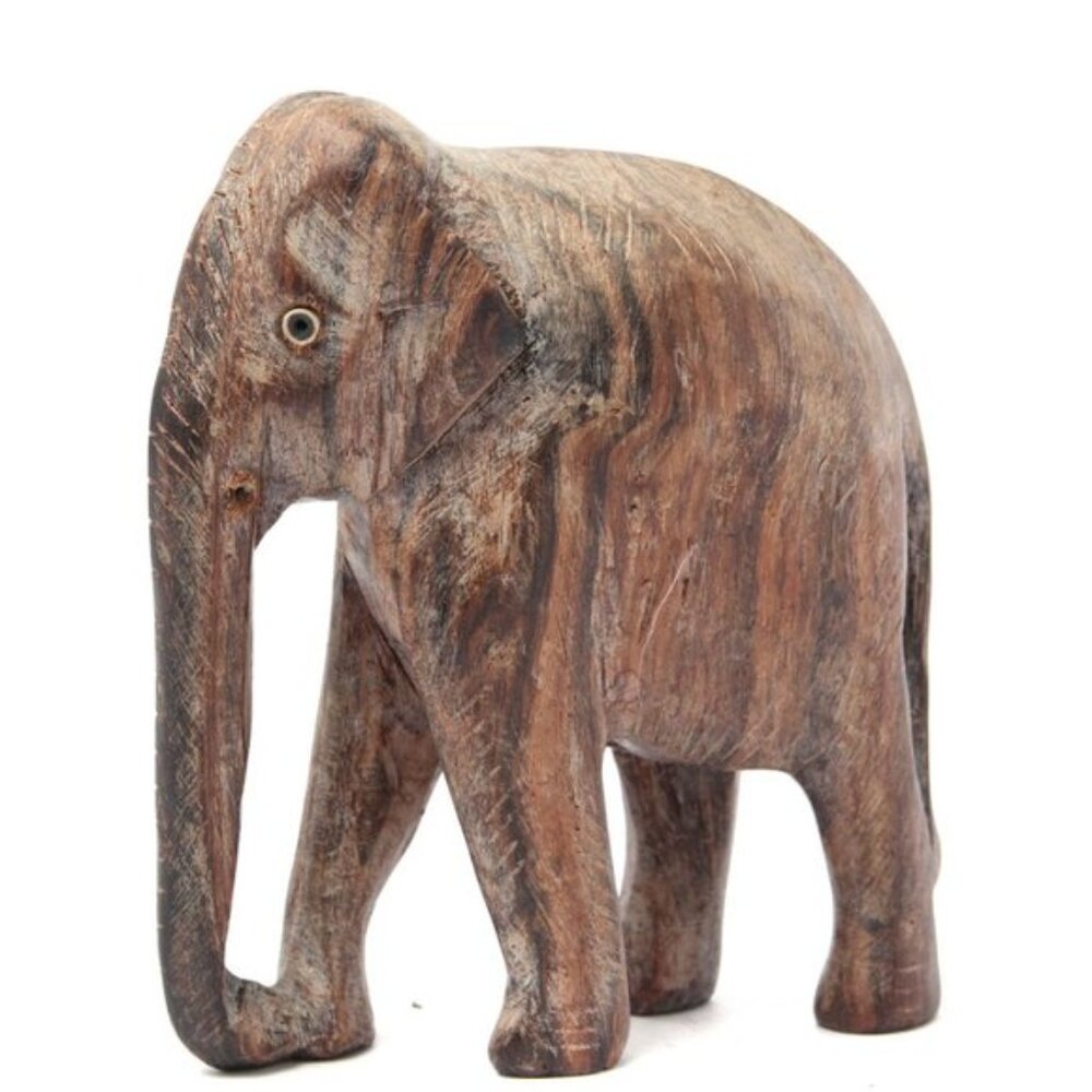 Wood Elephant Figurine Hand Carved Sculpture Small Wood Art Decor Africa Brown
